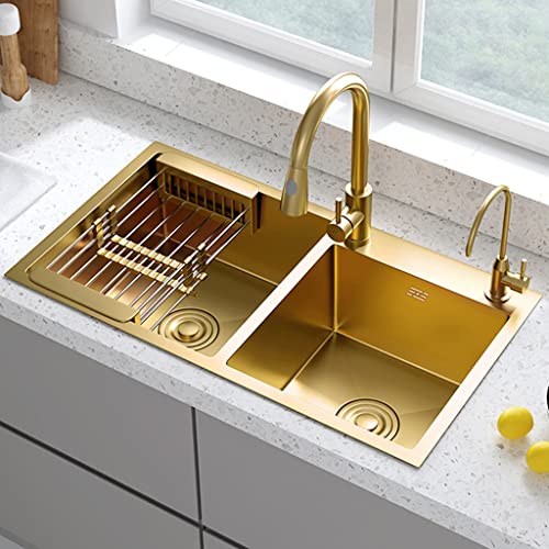 Gold Kitchen Sink, Double Bowl Bar Sink, 304 Stainless Steel Nano-Coated, With Gold Sink Stopper And Drain Strainer, Drop-In Or Undermount, 29.5” X15.7” #TOP1