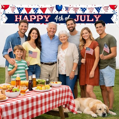 Image of BlissYard Happy 4th of July Banner 118 x 20 inch Patriotic Banner for Outside Independence Day Decorations Veterans Day Memorial Day American Flag Party Banner for Yard Fence Porch