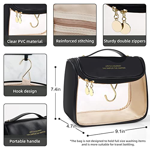 Loxitp With Hook Portable Women's Clear Makeup Bag,Waterproof Travel Toiletry Bag,Bring Zipper Skincare Cosmetic Bag,Toiletries Organizer Tote Storage Bag Pu And Tpu Materia(Black) #TOP3