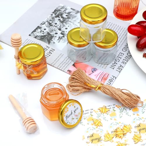 Xing-Ruiyang X001 1.5 Oz Glass Honey Jar- Small Hexagonal Honey Jars With Wooden Dipper Gold Lid Bee Charms Gold Gift Bags And Rope For Baby Shower Wedding Party Favors thumb #4