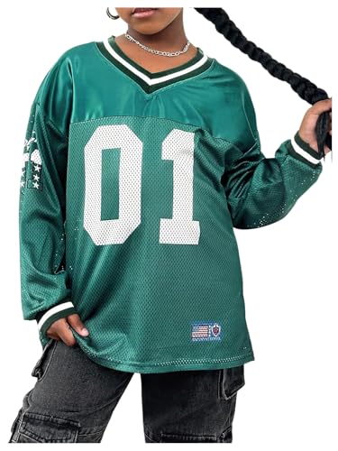 Verdusa Girl's Jersey Graphic Tees Long Sleeve Oversized Tshirts V Neck Drop Shoulder Tops