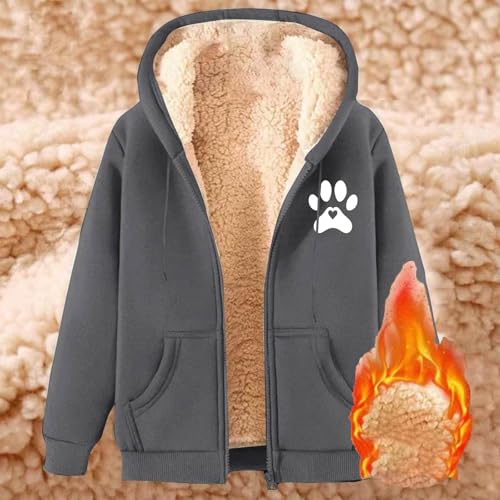 Generisch Unisex Kapuzenjacke mit Teddyfutter und Pfoten-Herz-Motiv - Gefütterte Fleece-Jacke mit Reißverschluss | Warme Winterjacke für Tierfreunde