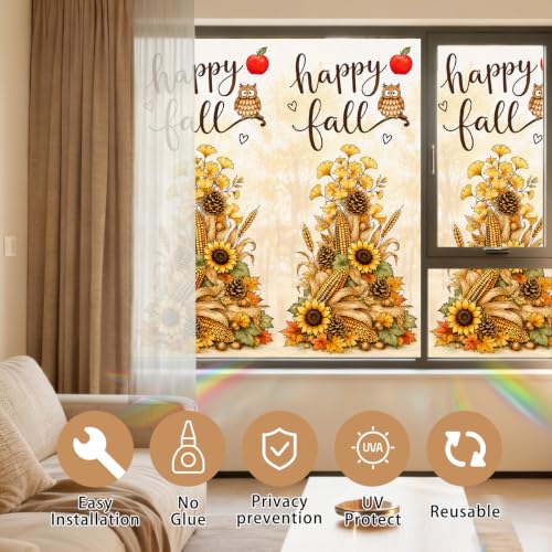Image of Nuxovilar Fall Window Cling 17.7 x 39.4 in, White Frosted Harvest Owl | White frosted PVC helps obscure views for privacy, with an owl, sunflowers, corn and pinecones for classic harvest decor