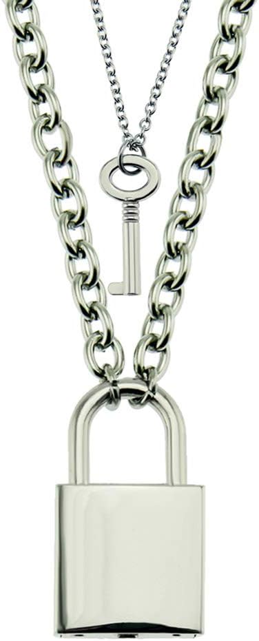 Chain Punk Padlock Necklace Stainless Steel Chain Necklace Lock Key Chain for Men Women Couple Silver, Lock with Key
