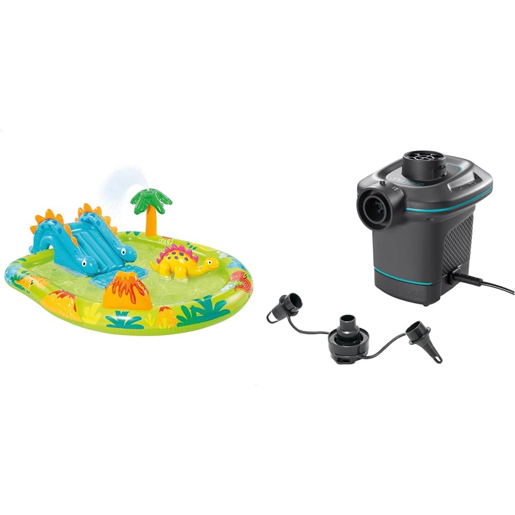 INTEX 57166 - Piscina Infantil Hinchable con dispersor de Agua y tobogán Dinosaurio, Centro de Juegos para niños & Intex 66640 - Bomba eléctrica invertible con boquillas 220-240V, Color Azul