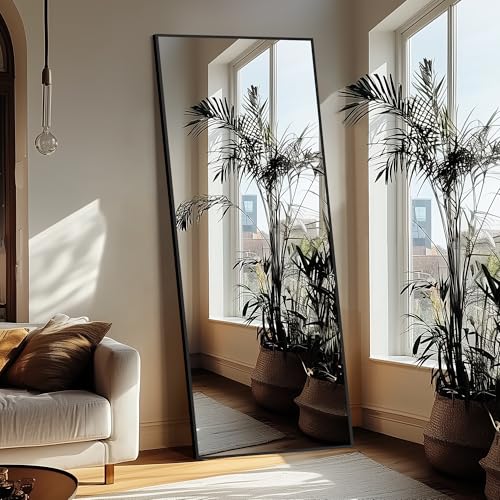 Delma Full Length Standing Mirror,Large Floor Mirror with Aluminum Frame for Bedroom, Bathroom, Living Room,Wall Mount or Freestanding Design(with Stand,Rect 75x35-Black)