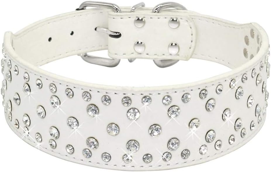 Fashion Jeweled Rhinestones Pet Dog Collars Sparkly Crystal Diamonds Studded PU Leather Collar for Medium & Large Dogs Pitbull White L