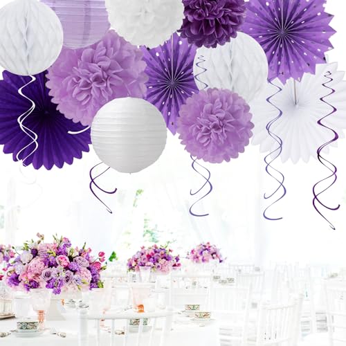 Image of Purple Lilac-Lavender White Women Birthday Party-Decorations - 21pcs Happy Banner,Paper Lanterns,Tissue Pom Poms Flower Fan,Honeycomb Ball,Hanging Streamers Garland, Girls Decor Supplies Huglony