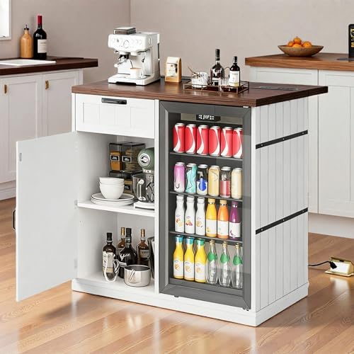 Comparison: Best Wine Fridge In Kitchen Island 9 YITAHOME Kitchen Island with Mini Fridge Space, 40 inch Mobile Storage Island with Drop Leaf & Power Outlet, Coffee Bar Cabinet with Microwave Stand Baker Rack, 2-Tier Shelf and 1 Drawer, White Walnut