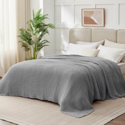 Image of 100% Cotton Muslin Blanket California King 120 inch x 90 inch, 6 Layers Breathable and Lightweight Oversized Blankets for Bed, Soft Cooling Gauze Blanket for Adults All Season, Medium Grey