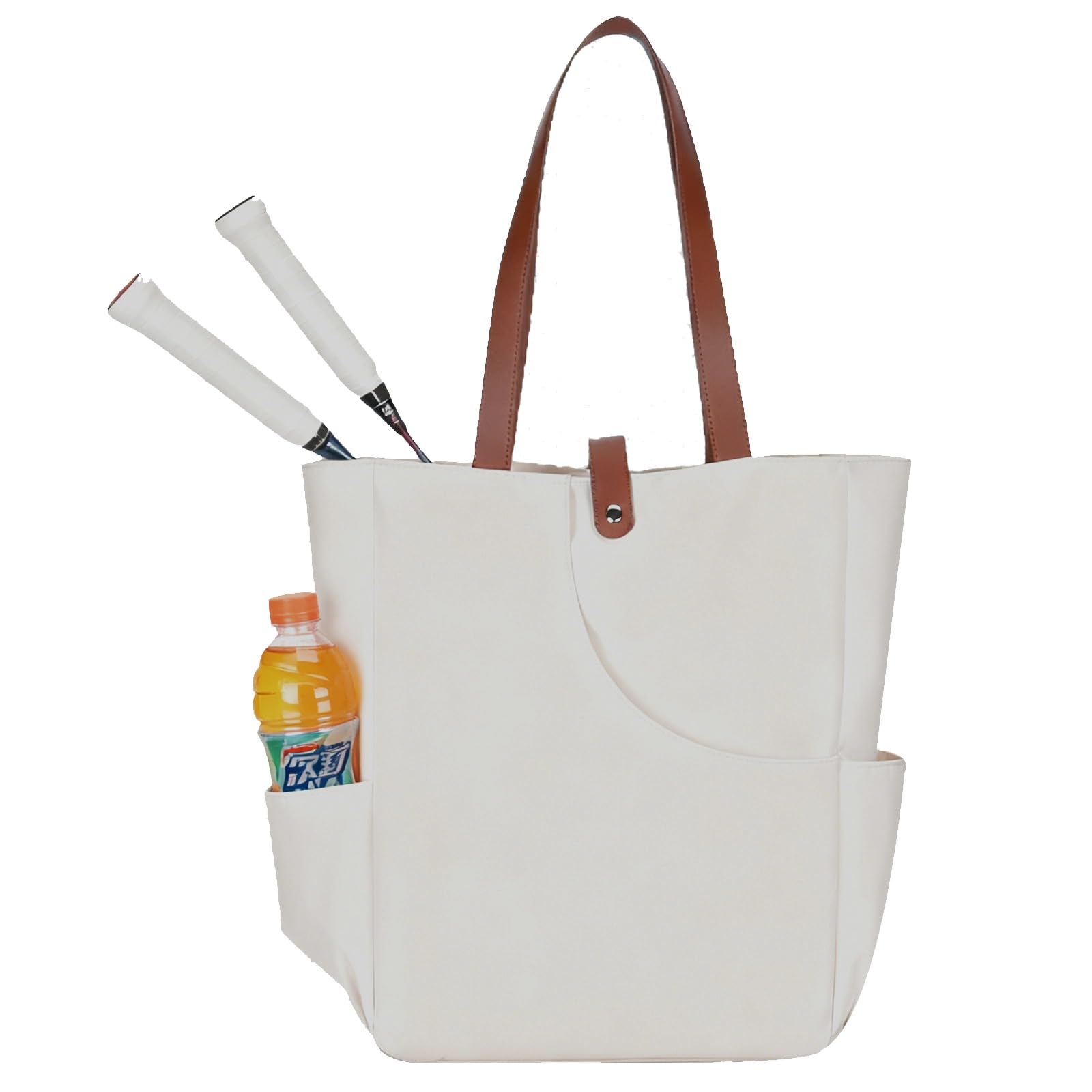Sac cabas sport blanc, grande capacité, sac à main avec poche pour bouteille, 31 x 15 x 40 cm, design épuré, anses en cuir PU, pour sport, travail, voyage et loisirs, usage quotidien