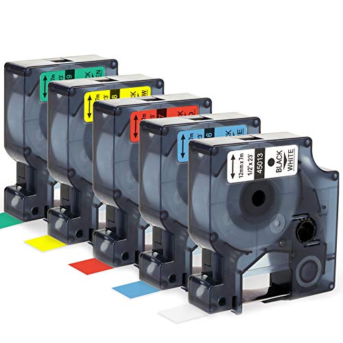 Airmall kompatible Etikettenband als Ersatz für Dymo Schriftband 12mm x 7m Schwarz auf Weiß/Blau/Rot/Gelb/Grün Selbstklebend kompatible für Dymo LabelManager 160 210D 220P 260P 280 360D 420P 450 Duo