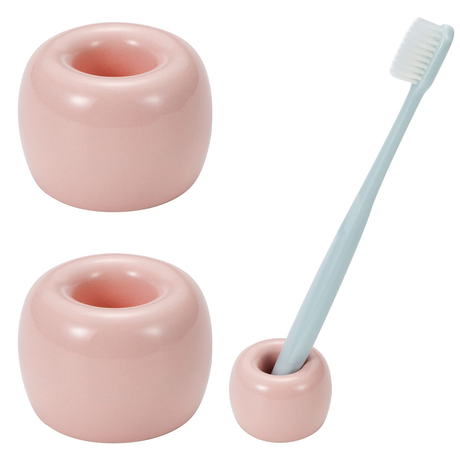 JMScape Mini Ceramic Couple Toothbrush Holder, Hand-Made 2 Piece Set for Bathroom Toothbrush Holder and Office Pen Holder, Suitable for Home Travel Pink