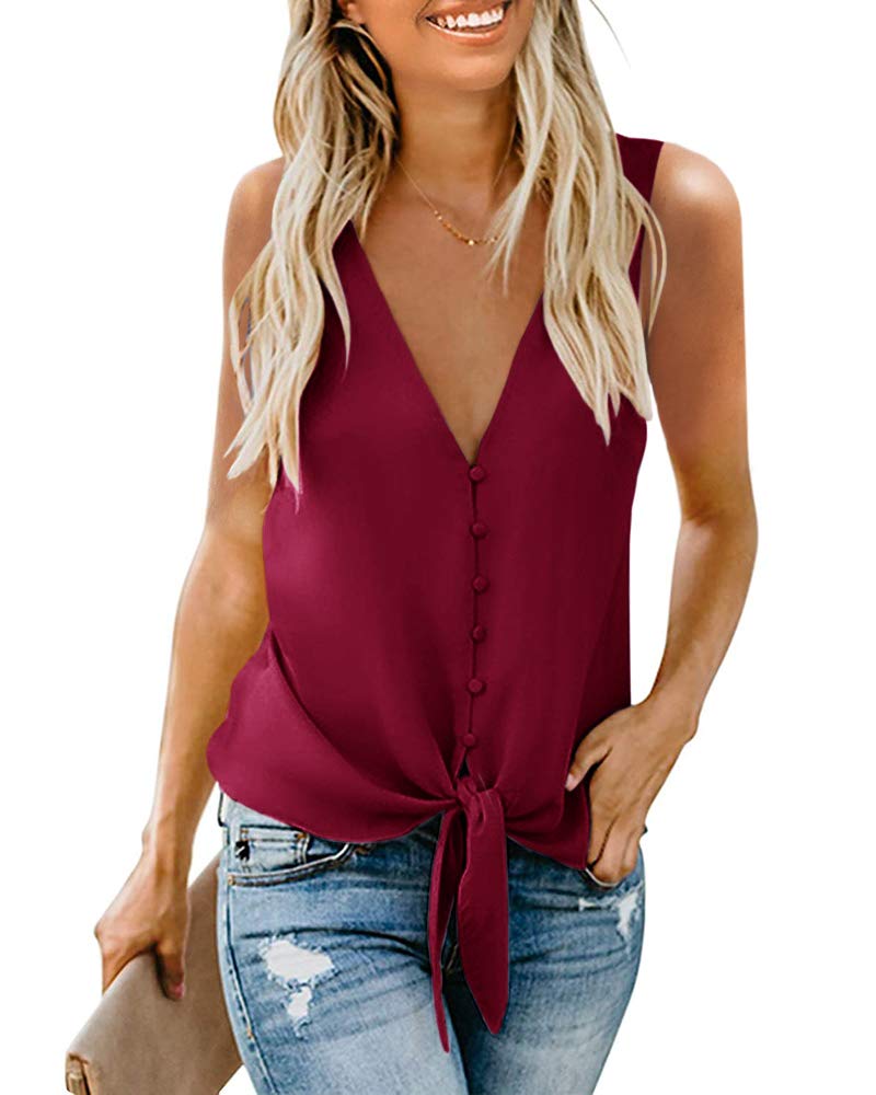 Haloumoning Womens Button Down Sexy V Neck Tank Tops Sleeveless Tie