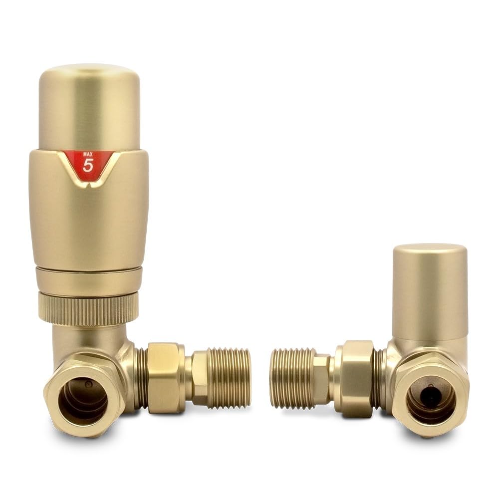 Corner Brushed Brass Valves Thermostatic TRV Central Heating Radiator