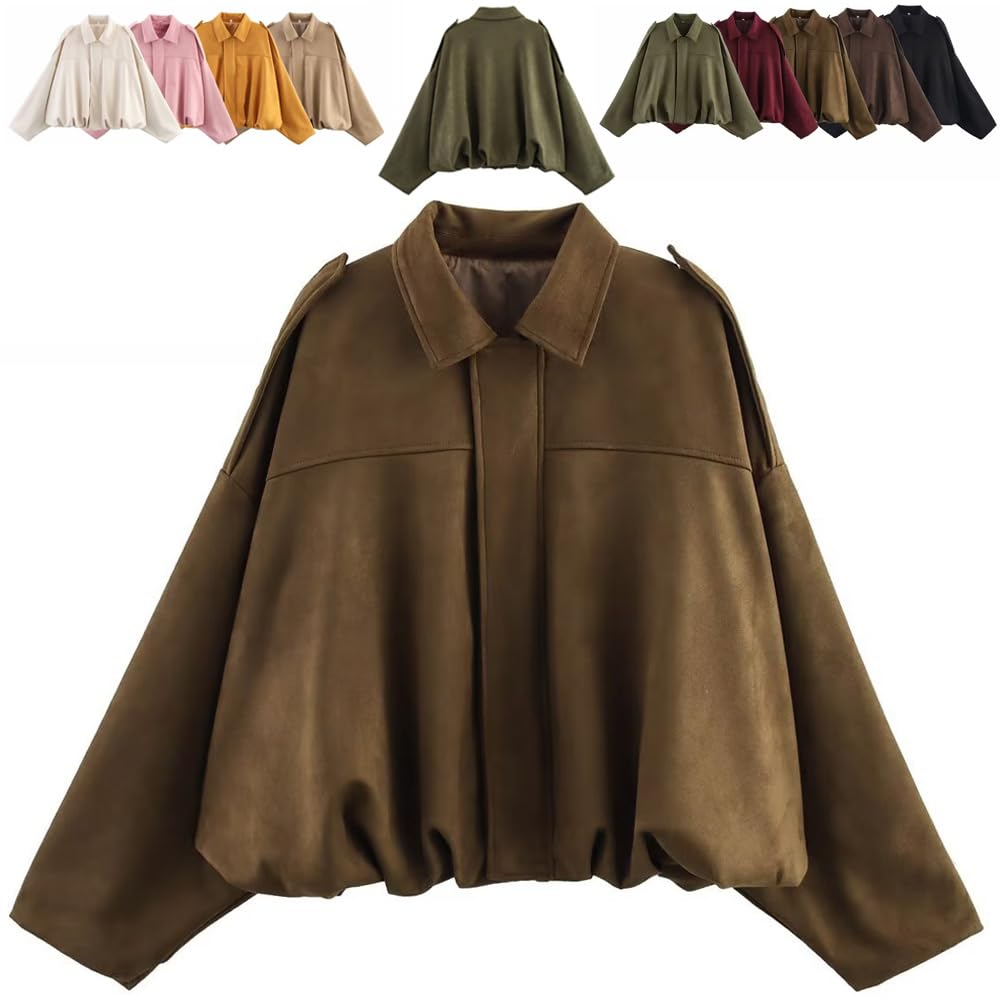 Generico 2025 Womens Faux Suede Bomber Jacket Lapel Collar Zip Front Coat Long Sleeves Trendy Y2K Streetwear Outerwear