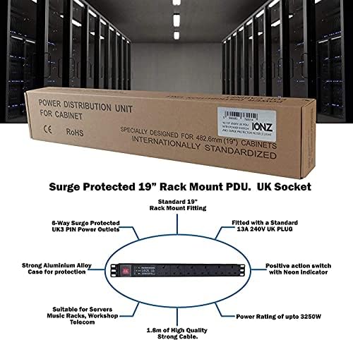 IONZ 6 Way 19" Inch 13A PDU 1U - Surge Protected Horizontal Switched Standardised Power Distribution Unit Rack Mounted. Free 3 Year Extended iONZ Warranty