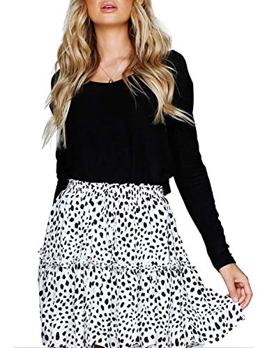 MayBuy Women's Cow Print Polka Dot Ruffle Mini Skirts High Waisted Dalmatian Print Plus Size Chiffon A-Line Short Skater Skirts White Black X-Large