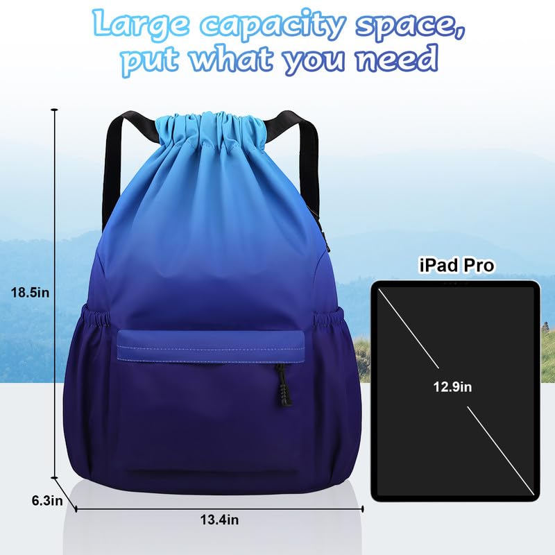 Tesmien Drawstring Bags,Waterproof Swimming Bags Unisex Sports Backpacks for Kids Adult, Large Drawstring Sackpacks Bags for School Gym Sports Travel Swimming-Gradual Blue - Image 4