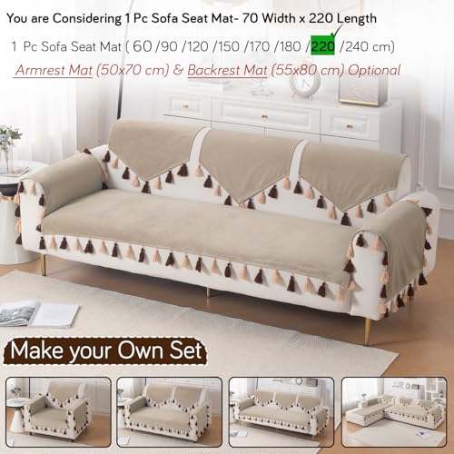 Image of HOKIPO Sofa Cover Mat with Tassel for 1 /2 /3 Seater & L Shape Sofa | DIY Sofa Cover Set | Dyed Holland Velvet | 'TasselTone Series' 70(W) x 220(L) cm |Sand Beige (IN-1110-BGE)