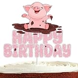 Pig Cake Topper for Boys Girls Happy Birthday Farm Animal Pig Theme Party Decorations Supplies Glitter Cute Pink Pig Birthday Cake Decorations