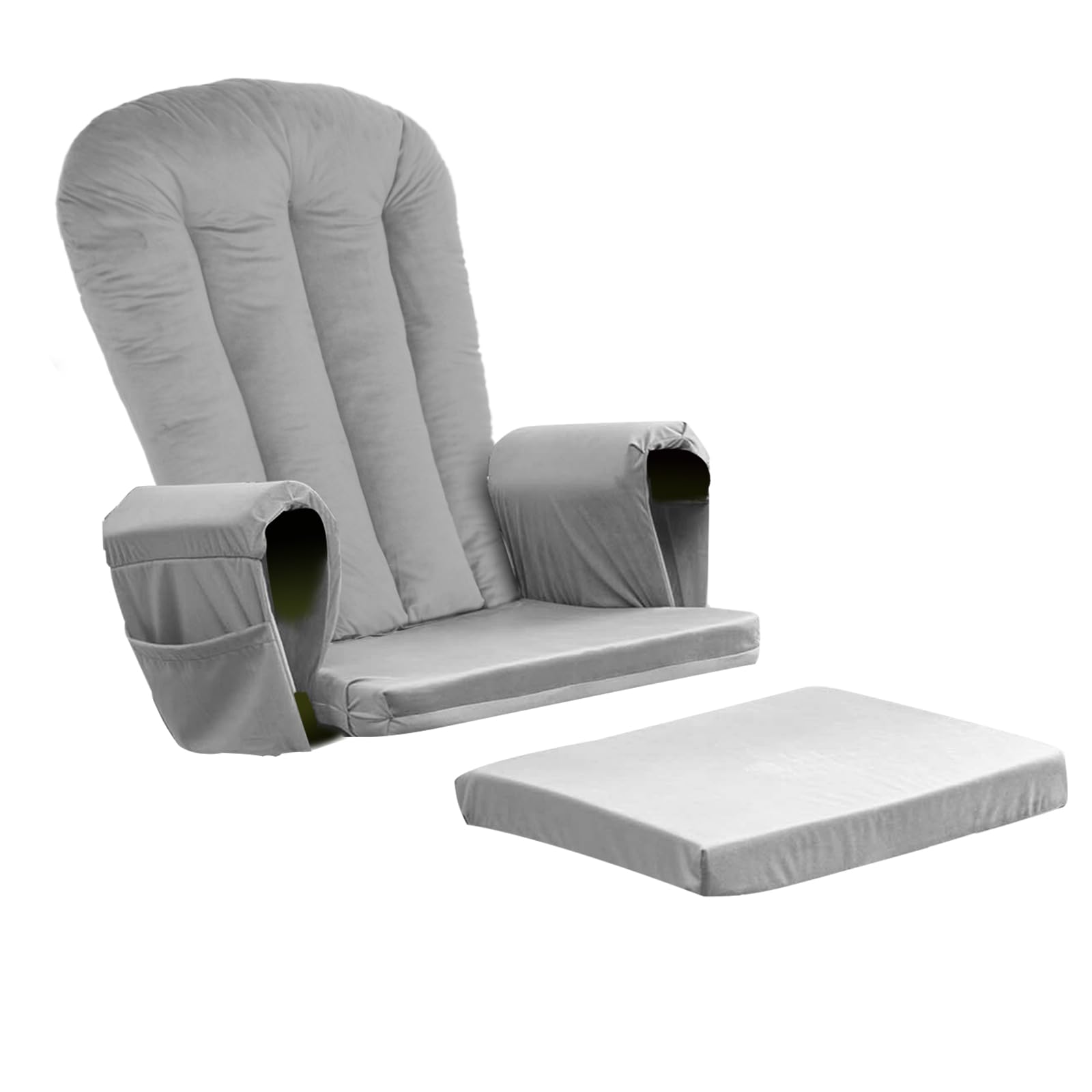 Lucky Monet 5PCS Velvet Glider Rocker Replacement Cushions, Thickened &amp; Supportive Rocking Chair Cushion Set with 29.5 Inch High Backrest &amp; Storage Pockets, for Indoor Nursery Glider &amp; Ottoman, Grey