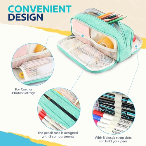 Image of Large Capacity Pencil Case Pencil Pouch Pen Bag with 3 Compartment Stationery Organizer with Zipper, School Supplies Organizer for Teen Adults (green)