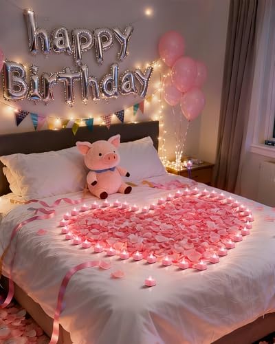 Image of Amagic 2000 Pieces Pink Artificial Rose Petals with 24 Pink Heart LED Tea Lights, Rose Petals and Candles Set for Proposal, Anniversary, Romantic Night, Wedding Decor
