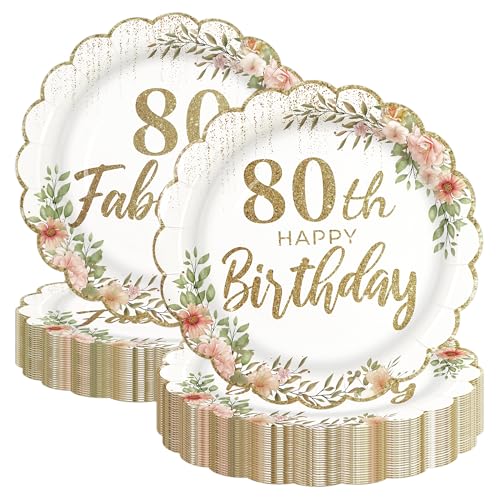 PUEVENYI 50Pcs 80th Birthday Scalloped Paper Plates - 7inch White and Gold Dessert Plates for Cake Fruit Salad Disposable Floral Themed Party Supplies for Women Birthday 2 Styles