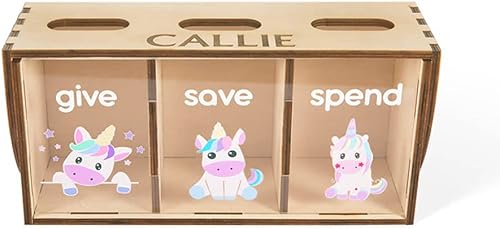 Alcancías de madera de dibujos animados para niños, patrones decorativos de unicornio que ahorran gastos con 3 cajas de sombra y agujeros, nombre de