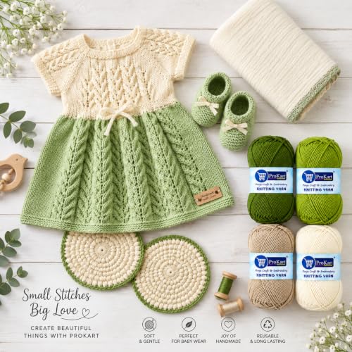 Image of ProKart - 4 Ply Plush & Cuddly for Knitting | Pastel Yarn for Baby Toys & DIY Crafts | 100g, Pack of 4 (Turtle Green, Sap Green, Light Beige, Off-White)