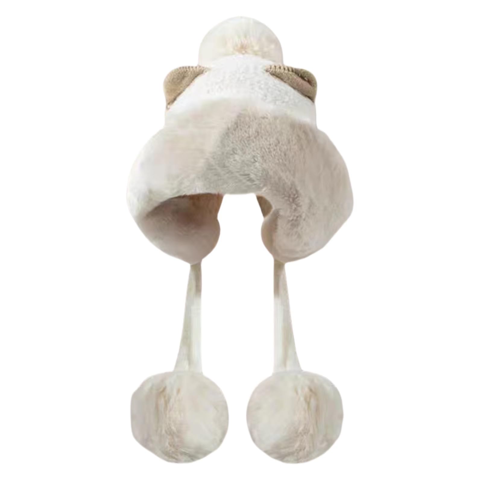 Winter Plush Hat Women Thick Plush Bearnie Faux Fur Warm Cute with 3 Pompoms and Cat Ears (White)