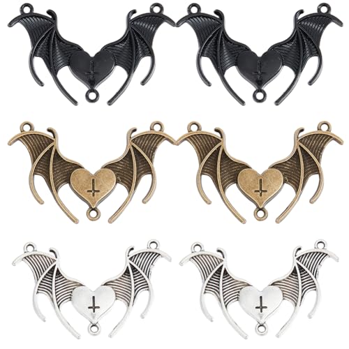 SUNNYCLUE 1 BOX 30PCS Black Bat Connector Charms Heart Charms Halloween Gothic Vampire Wing Double Loops Silver Bronze Black Link Charm Bulk for Jewellery Making Charms Earrings Necklace Diy Crafts