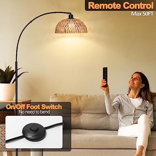 Image of Brilvibera Boho Floor Lamp with Remote Arc Tall Lamp | Bronze Floor Lamps with Stepless Dimmable Bulb, Hand-Worked Adjustable Rattan Lampshades, Brown Rattan Standing Lamp