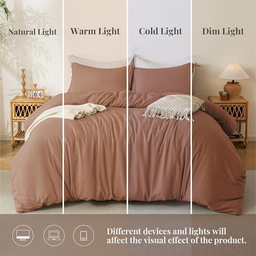 Image of MILDLY Duvet Cover Queen Ultra Soft Comforter Cover Set 3pcs, Mocha | Washed Microfiber Cotton-Like, Breathable Comfort, Hidden Zipper, 8 Corner Ties, OEKO-TEX Certified, Fade Resistant