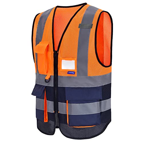 Image of Hi-Vis Mesh Vest, Breathable, Black Front Zipper, Orange /Navy, XS | Orange /Navy XS mesh vest with 7 pockets, transparent ID pocket and radio mic loop for utility work and site supervision.