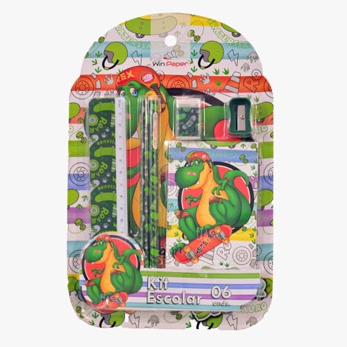 Kit 6 Peças Escolar Infantil Caderneta + Régua Acessórios Dinossauro