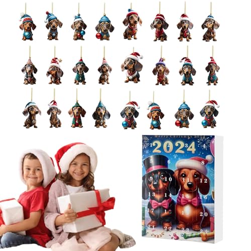 Weihnachtsbaum Dackel Anhänger Adventskalender 2024, 24-Tage-Weihnachts-Countdown-Kalender Dackel Anhängerbox Für Erwachsene, Kinder, 2D Acryl Dackel Hängeanhänger, Weihnachtsbaumschmuck