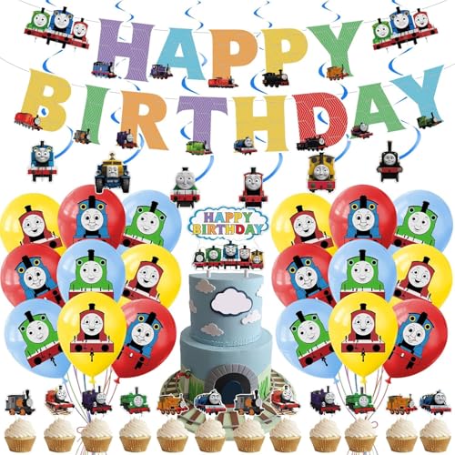 Train Birthday Party Decoration Include Train Theme Birthday Banner Cake Topper Latex Balloons Hanging Swirls for Thomas Train Theme Kids Party Supplies Baby Shower
