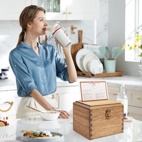 KIRIGEN Wood Recipe Box with Cards and Grooves Kitchen Organiser with 100 Cards Set Rustic Holder Lovely Cooking Assistance Box(CPH-DBR) - Image 6