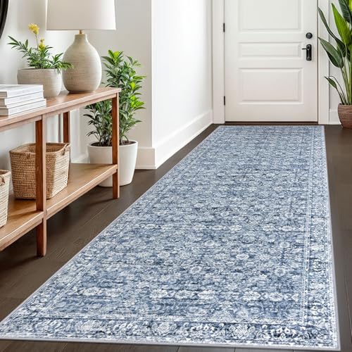 3x8 Blue Washable Runner Rug for Kitchen, Soft Classic Runner with Non-Slip, Non-Shedding Distressed Floral Rug for Hallways Entryway Bedroom Bathroom Laundry Indoor