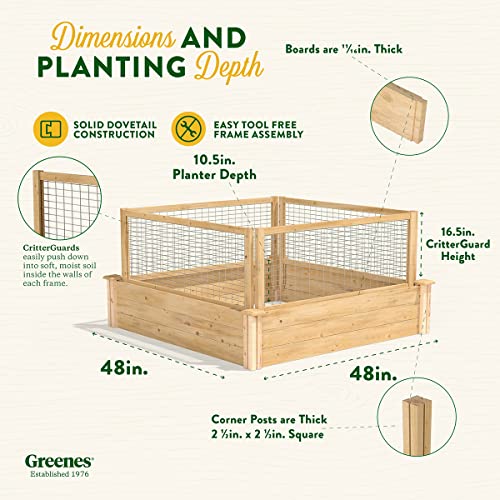 Greenes Fence Original Cedar Raised Garden Bed With Critterguard Fence System, 4' X 4' X 10.5" - Made In Usa With North American Cedar #TOP7
