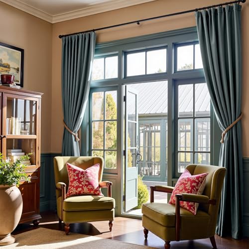 Image of Extra Long Dark Slate Velvet Curtains Back Tab 52x108 Inch 2 Panels | Blackout, Lined, Soft Velvet, For Tall Windows & High Ceilings, Light Shifting Texture, Elegant Luxury Drape, Serene