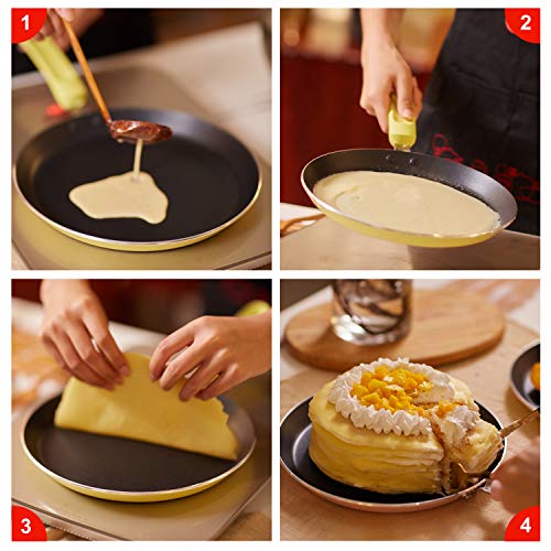Crepe Pan, ROCKURWOK Nonstick Pancake Pan with Silicone Handle Frying Skillet Griddle for Omelette, Tortillas, Dosa, 9.5-Inch, Pink