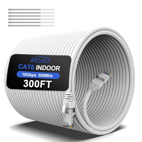 300FT Cat6 Ethernet Cable Cat 6 Patch Cable Cat6 Internet Cable UTP Network Cable Indoor and Outdoor PoE 24AWG CCA Compatible for PC Laptop Router Switch Server with 25 Cable Ties - White