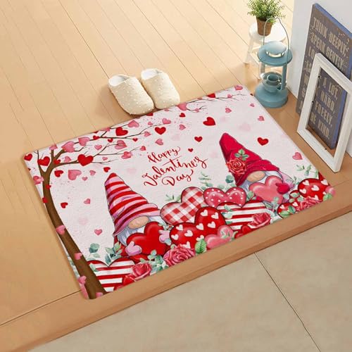 Jolunifun Valentine Kitchen Bath Door Mat Cushioned Runner Rug,Washable Welcome Floor Sink Antifatigue Mat,Waterproof & Non-Slip Comfort Standing Doormat,Red Pink Gnomes Love Plaid Eucalyptus 24
