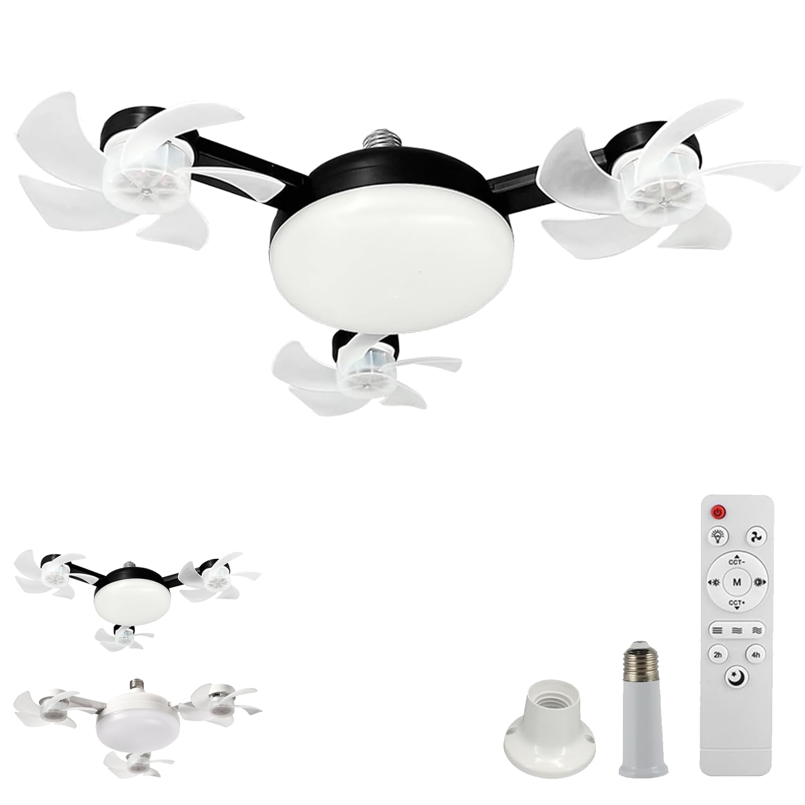 Miepkvl E27 Socket Ceiling Fan Light with Remote & Extension Rod Screw, Socket Fan Light Dimmable Light Bulb Fan, 2h/4h Timer for Bedroom, Living Room (Black)