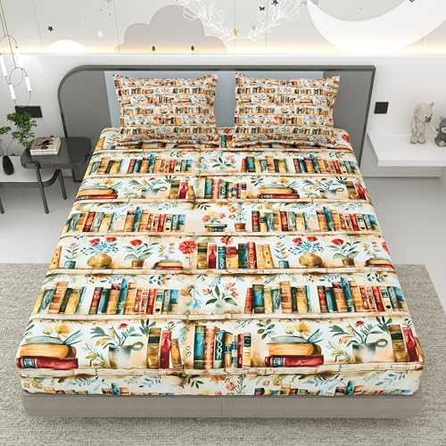 Image of Dream Weaverz 7D Bedsheet for Double Bed King Size with 2 Pillow Covers | Digital Printed & Fitted Elastic for Kids | Soft Glaze Cotton Feel | Fits Upto 12 Inch Mattress (Bookshelf & Floral)