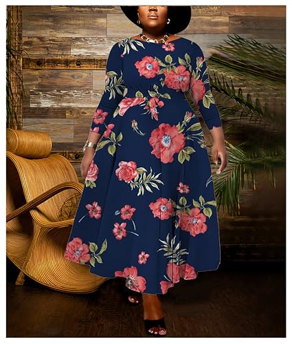 Image of Hostoyo Women Plus Size Formal A Line Maxi Dress Self Tie Waist with Pockets Elegant Round Neck Swing Long Dresses