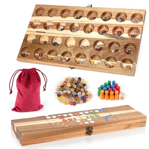 BORISI Kalaha Mancala Brettspiel Holz mit Steinen Steinchenspiel